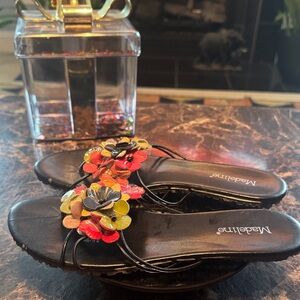 “SOLD” Madeline Black Leather Sandals with Colorful Floral Accents Size 8.5M